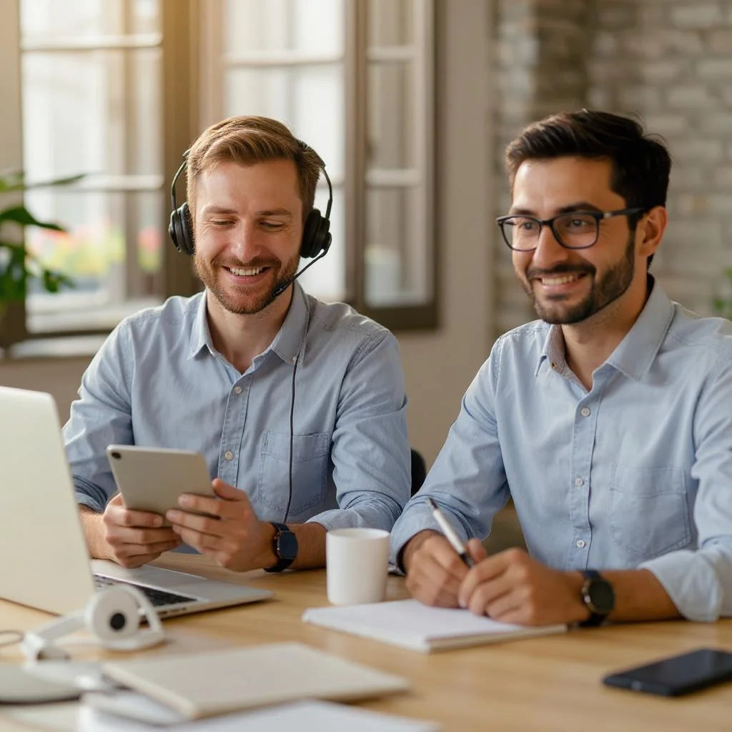 Deux hommes souriants en assistance client, casque et tablette, service client réactif La Force Française basé en France