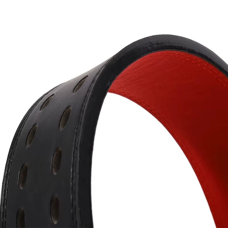 Ceinture La Force Française — détail intérieur cuir rouge et perforations