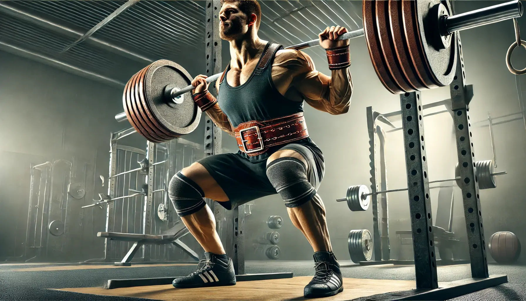 Homme musclé portant une ceinture pour musculation et effectuant un squat lourd dans une salle de musculation