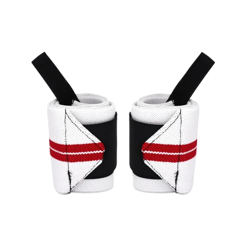 Bandes de poignets pour musculation rouges et blanches vues de côté