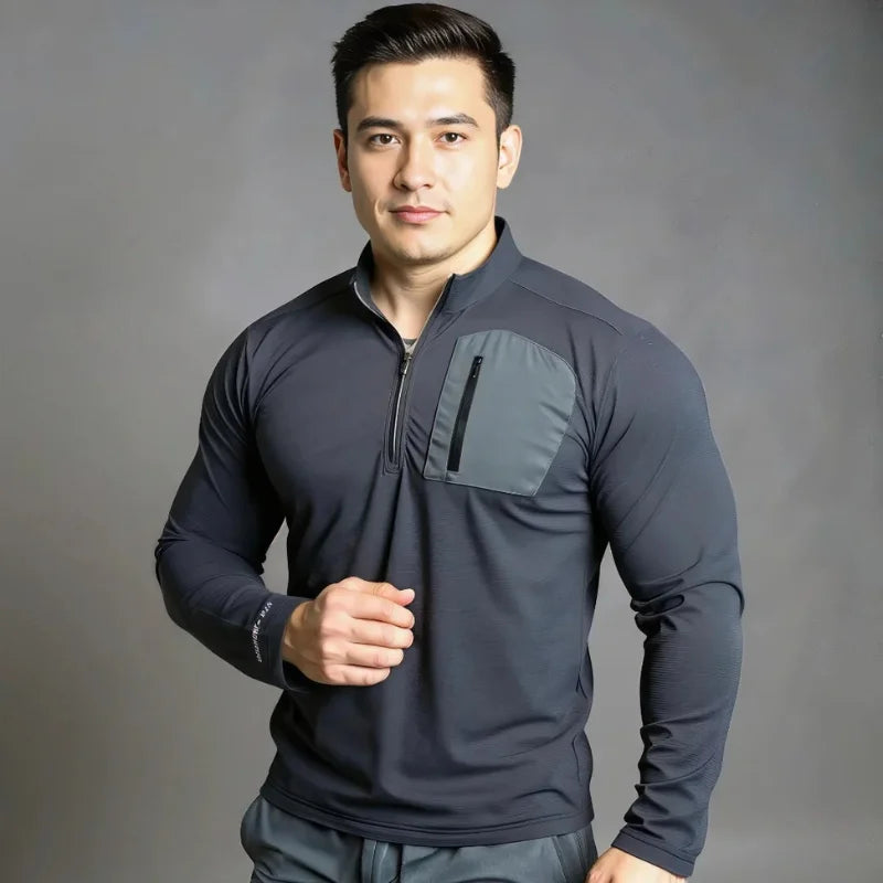 Haut Demi-zip gris foncé avec poche contrastante