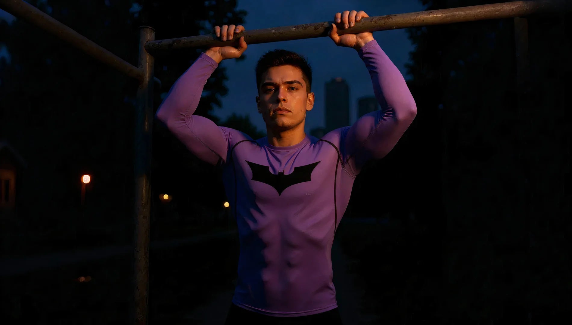 Image hero desktop La Force Française présentant un modèle en traction avec un t-shirt de sport compression violet inspiré super-héros