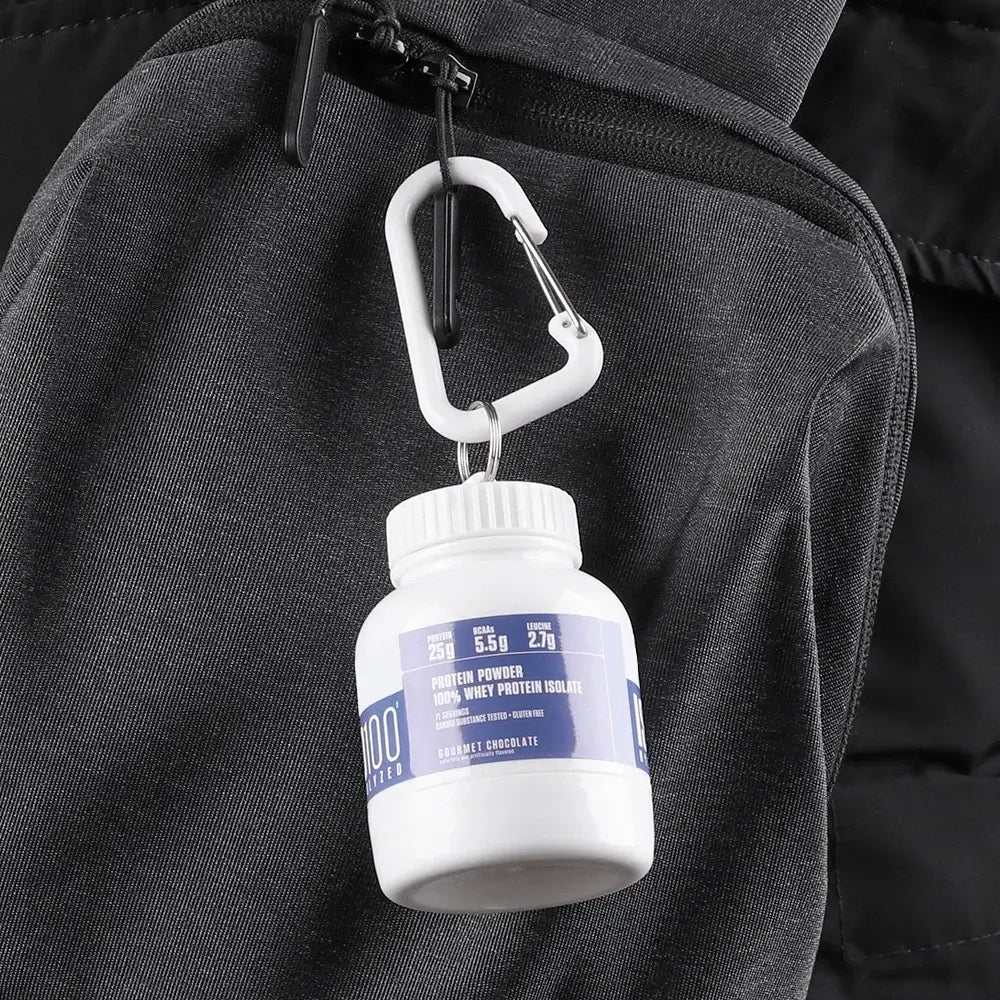 Mini réservoir pour poudres protéinées avec un mousqueton