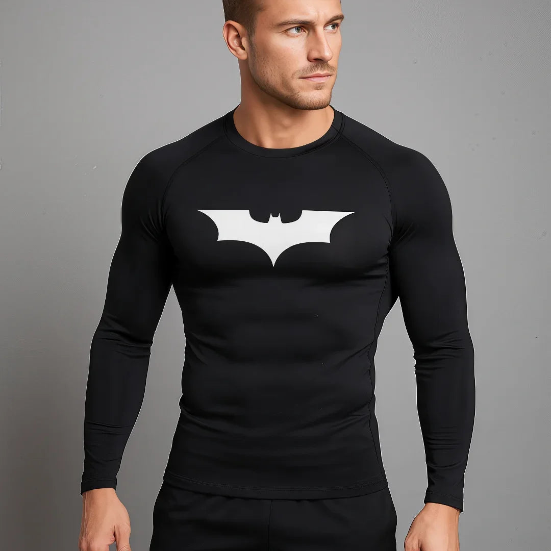 T-shirt de compression Batman noir et blanc manches longues