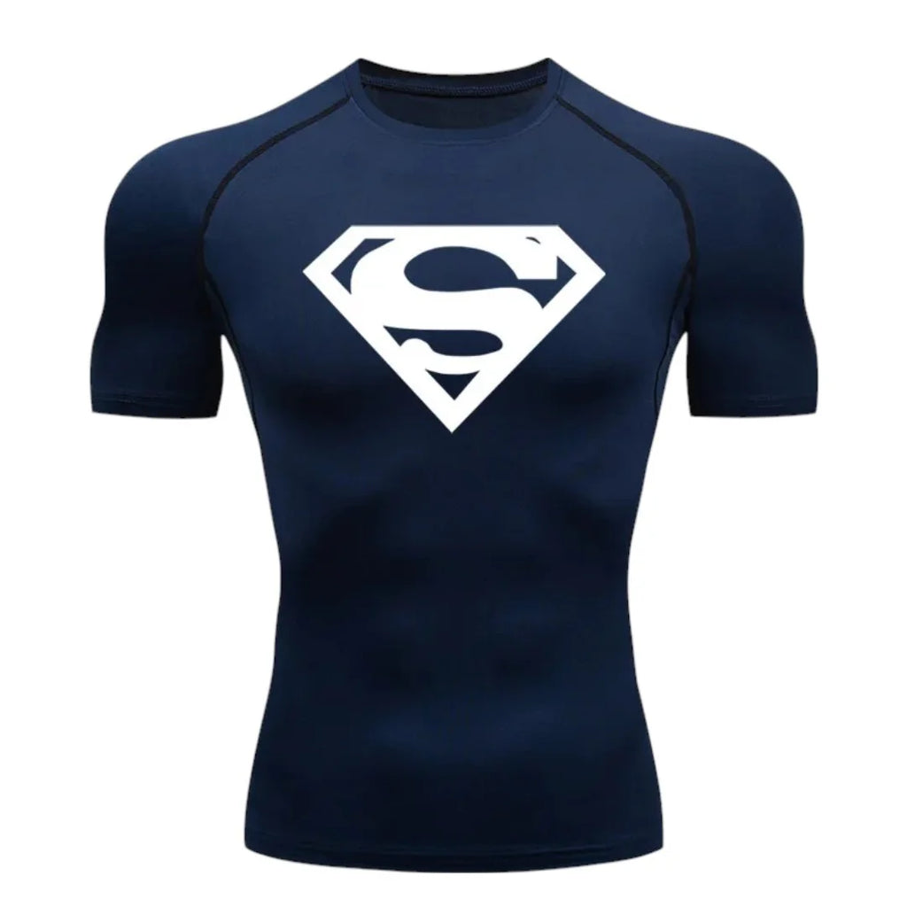 T-shirt de compression Emblème d'acier bleu et blanc manches courtes 