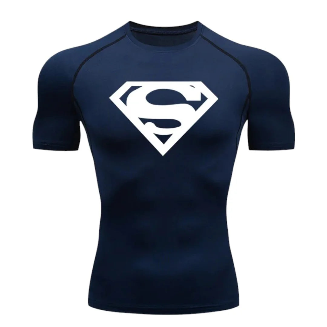 T-shirt de compression Emblème d'acier bleu et blanc manches courtes 