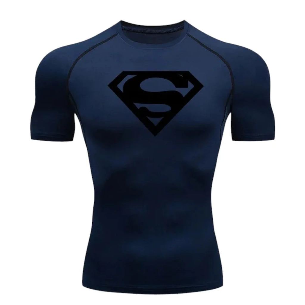 T-shirt de compression Emblème d'acier bleu et noir manches courtes 