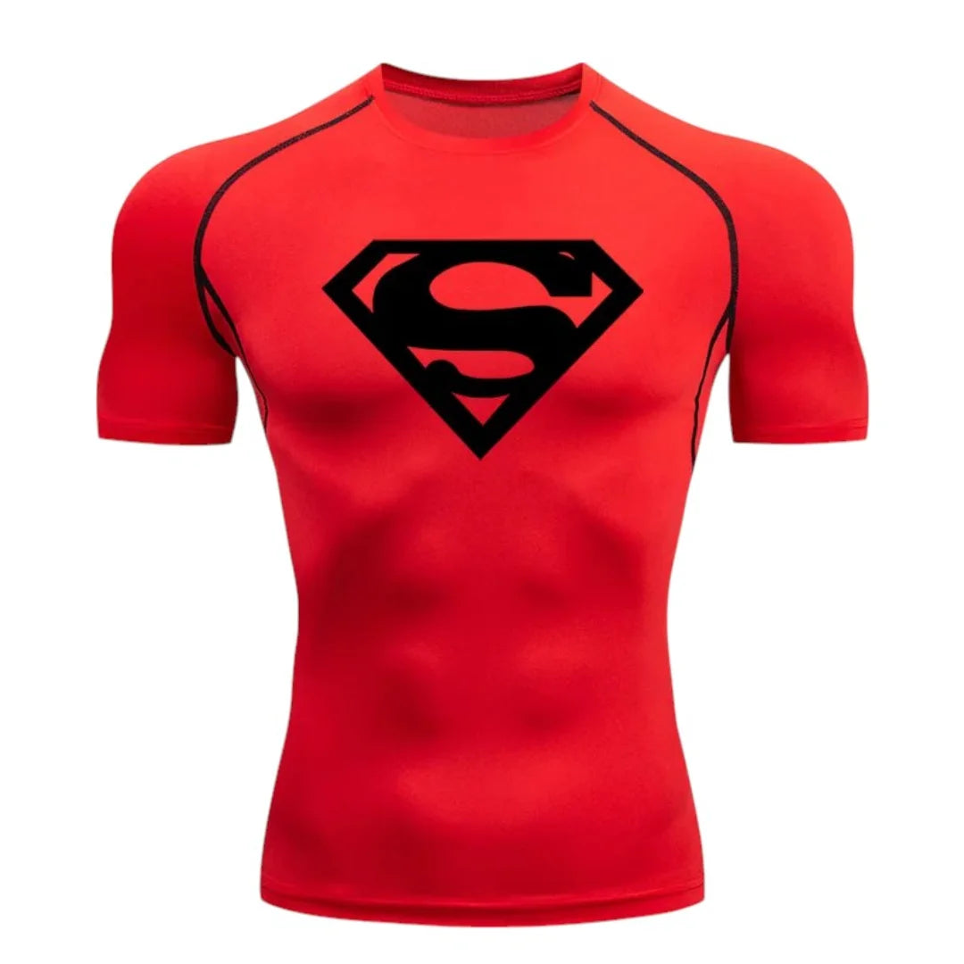 T-shirt de compression Emblème d'acier rouge et noir manches courtes 