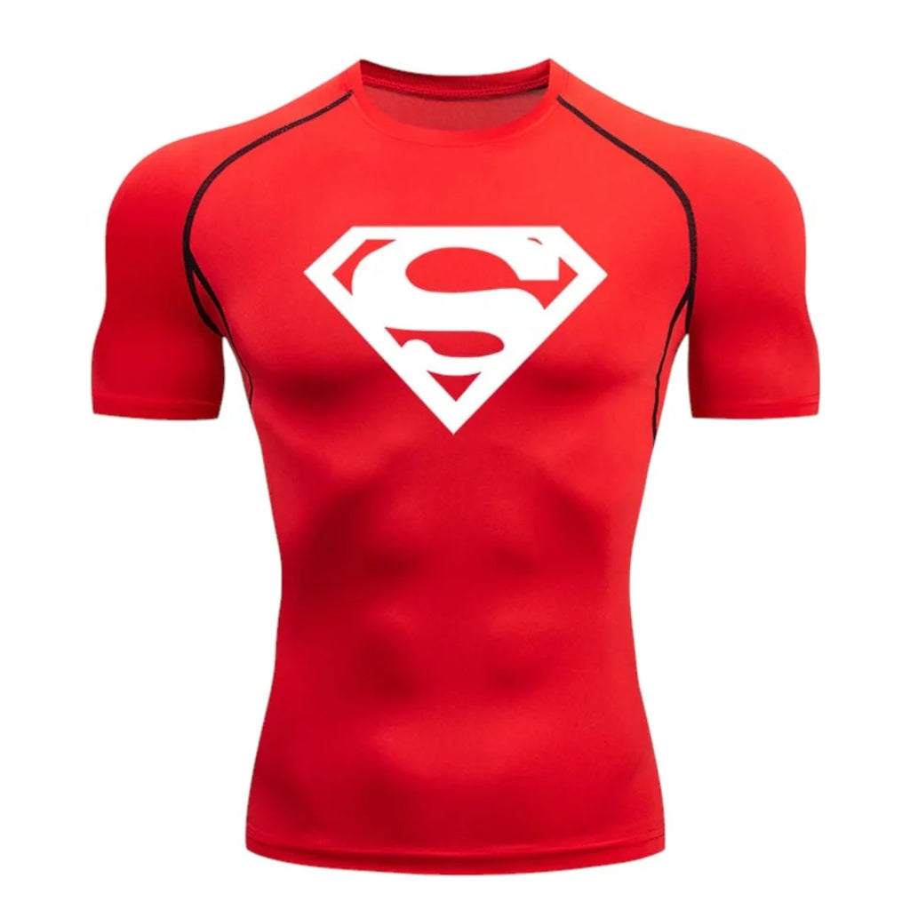 T-shirt de compression Emblème d'acier rouge et blanc manches courtes 