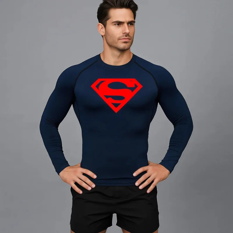 T-shirt de compression Emblème d'acier bleu et rouge manches longues