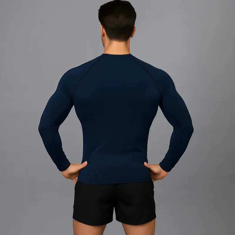 T-shirt de compression Emblème d'acier bleu et rouge manches longues