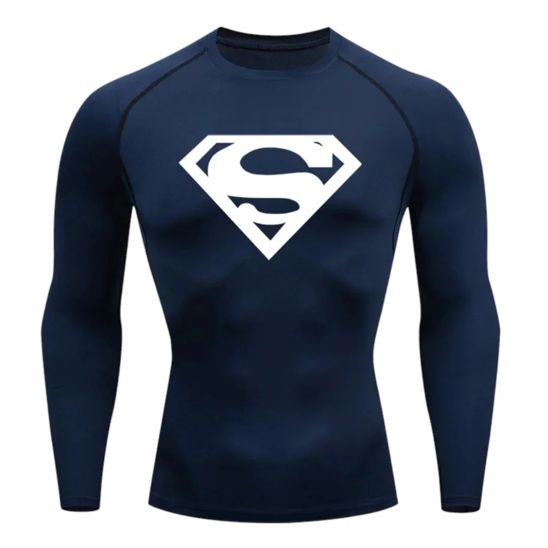 T-shirt de compression Emblème d'acier bleu et blanc manches longues