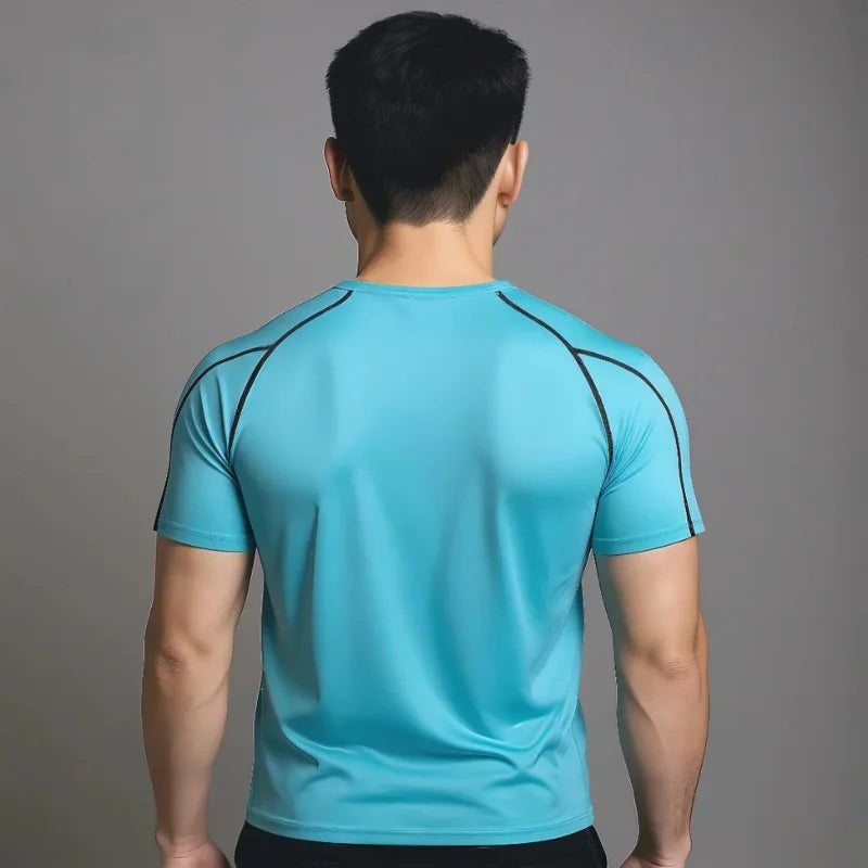 T-shirt de compression EliteFit manches courtes bleu à coutures noires