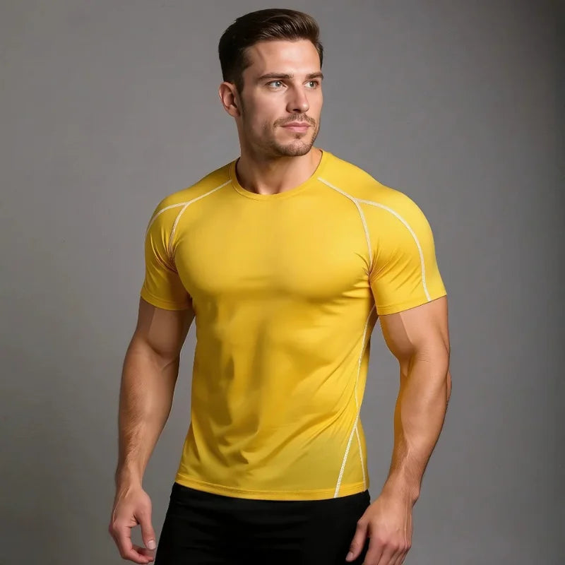 T-shirt de compression EliteFit manches courtes jaune à coutures blanches