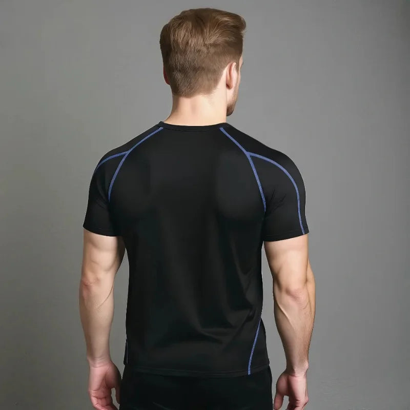 T-shirt de compression EliteFit manches courtes noir à coutures bleu