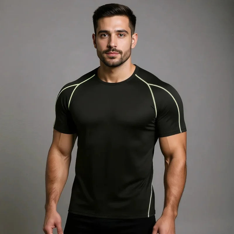 T-shirt de compression EliteFit manches courtes noir à coutures jaunes