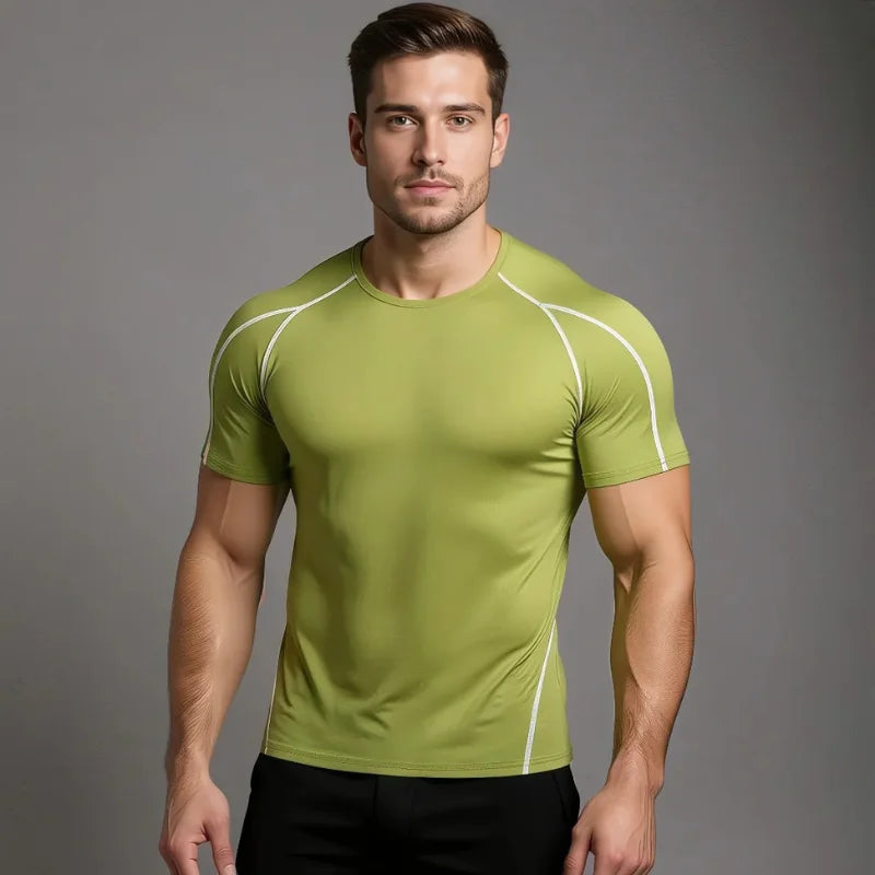 T-shirt de compression EliteFit manches courtes vert à coutures blanchr
