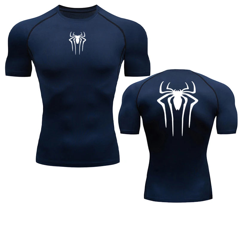 T-shirt de compression Spiderman bleu et blanc manches courtes