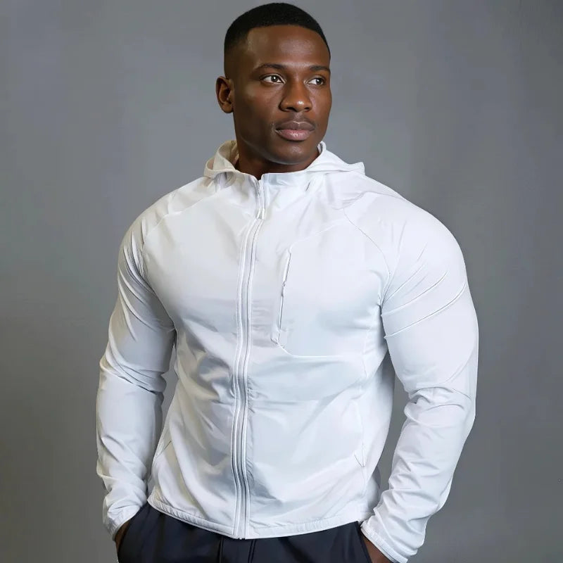 Veste de sport zippé, avec capuche et poche, blanche