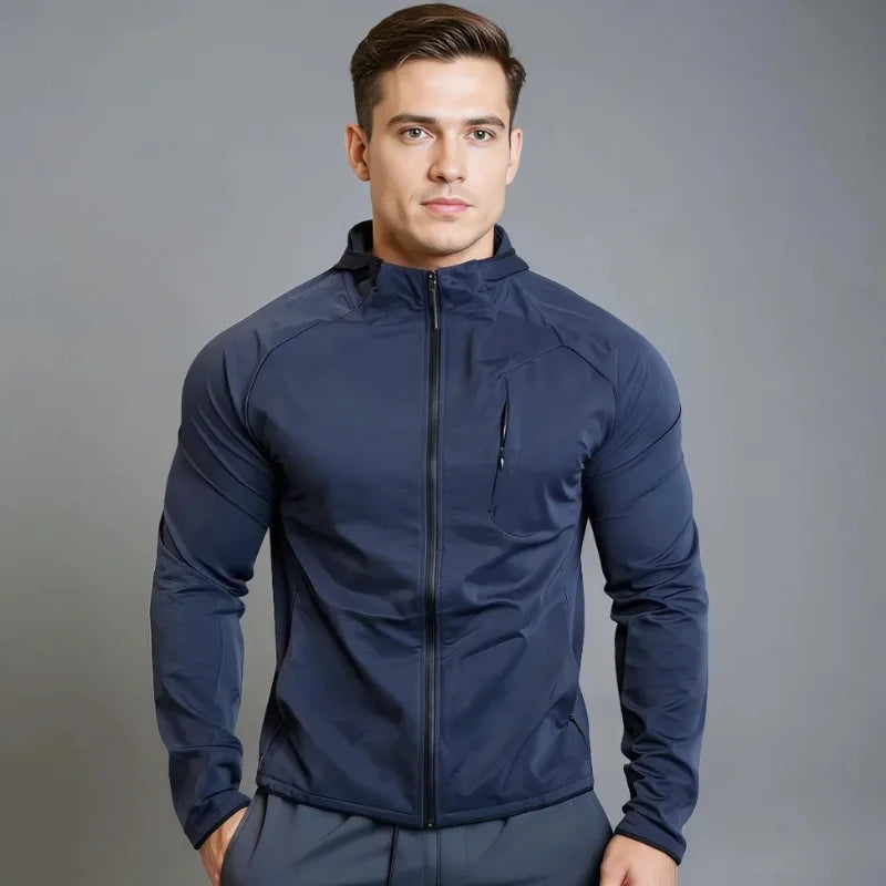 Veste de sport zippé, avec capuche et poche, bleu